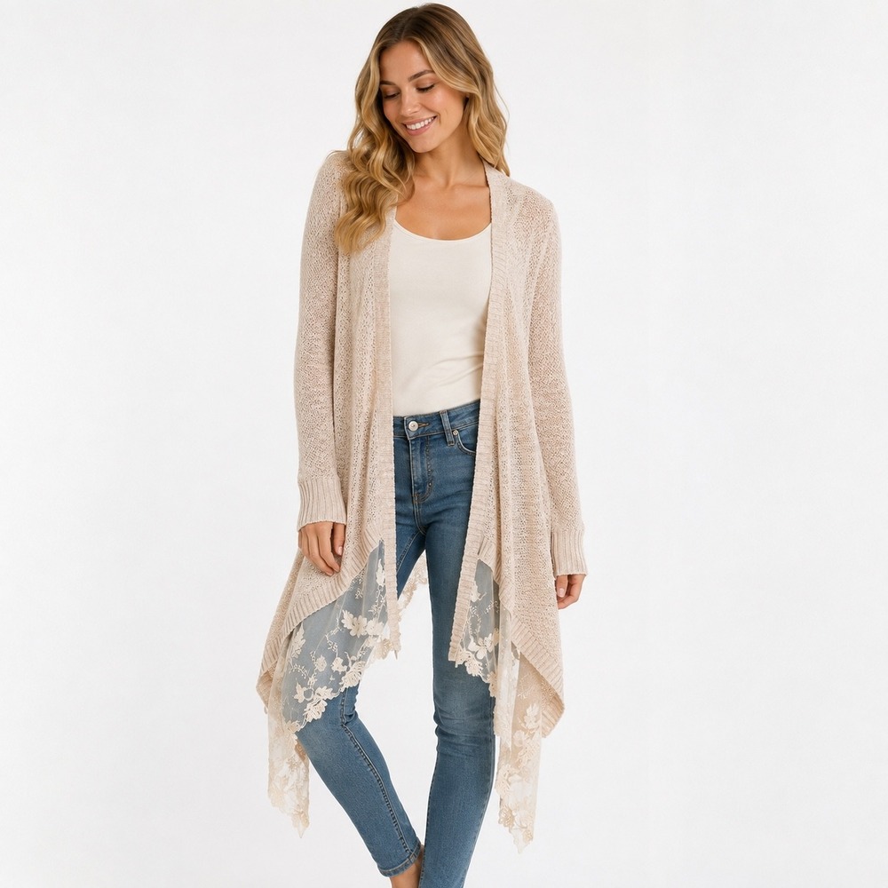 Blue Rain Beige Lace-Hem Draped Open Cardigan